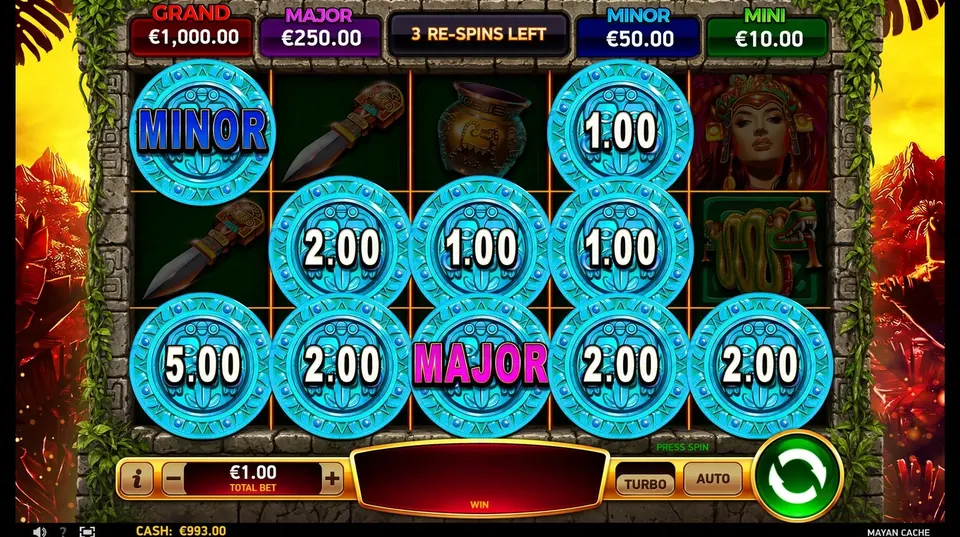 Mayan Cache Jackpot Mania — Prize coins and respins